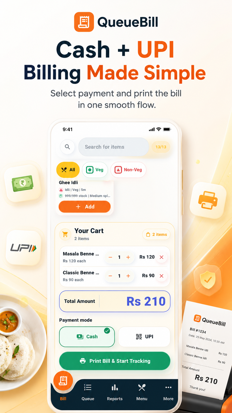 QueueBill cart screen with Cash and UPI payment options