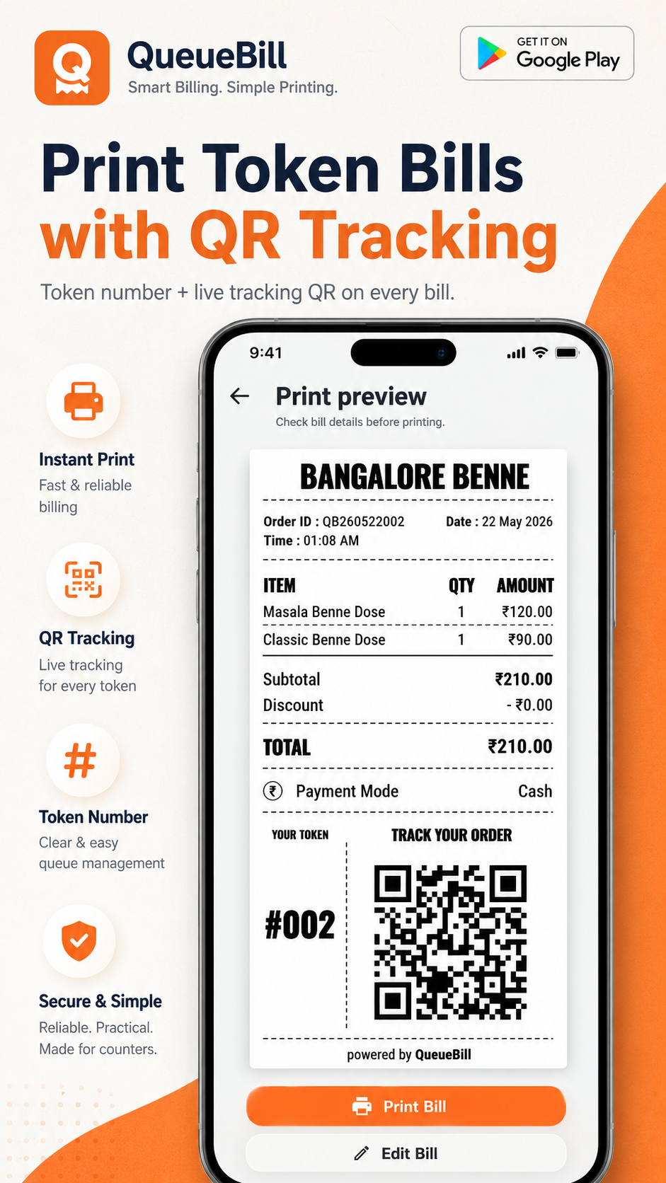 QueueBill print preview screen with QR tracking and token bill